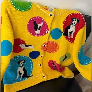 Vintage Susan Bristol yellow cotton dog embellished cardigan sweater